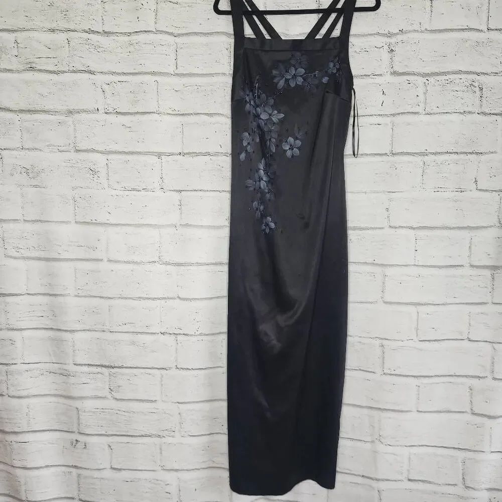 CDC Womens Black Satin Floral Beaded Strappy Sleeveless Cocktail Dress Size 10
